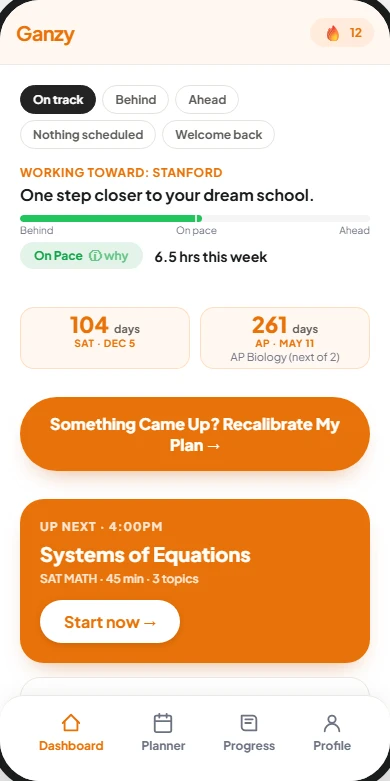 The Ganzy dashboard, showing progress toward a goal and today's next task