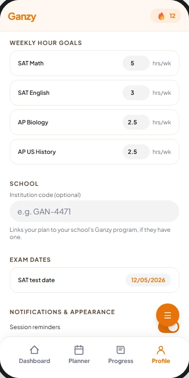 The Ganzy goals page, showing weekly hour goals for each subject