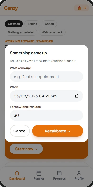 The Ganzy replan screen, recalibrating a plan around something that came up